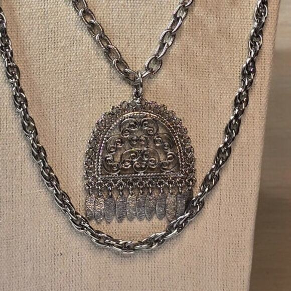 Vintage Silver Fringe Chandlier Filigree Multi Strand Chain Link Necklace - Picture 2 of 5